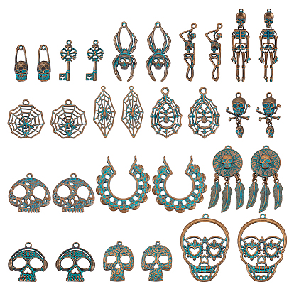 30 шт 15 стили подвески из сплава, Хэллоуин, красная медь и зеленая патина