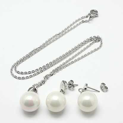Valentines Gift for Her 2015 316L Surgical Stainless Steel Jewelry Sets, Necklaces and Ear Studs, with Shell Pearl Beads, 17.3 inch , 19x14mm, Pin: 0.7mm