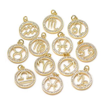 DIY Brass Micro Pave Cubic Zirconia Pendants, Flat Round with Constellation/Zodiac Sign