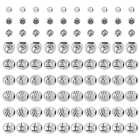90Pcs 9 Styles Tibetan Style Alloy Beads, Oval & Round