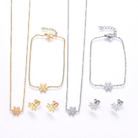 304 Stainless Steel Jewelry Sets, Pendant Necklaces & Stud Earrings & Bracelets, Snowflake
