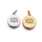 Brass Pendants, with Cubic Zirconia and Jump Rings, Flat Round with Evil Eye, Clear