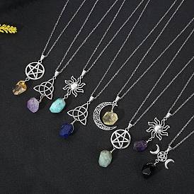 Nuggets Natural Gemstone Pendant Necklaces, with Cable Chain, Sun/Moon/Star/Triquetra