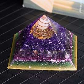 Orgonite Pyramid Resin Energy Generators, Reiki Natural Amethyst Chips & Copper Wire Inside for Home Office Desk Decoration