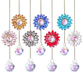 Glass Flower Hanging Suncatchers, Round Tassel for Window Garden Decorations