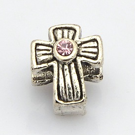 Cross Antique Silver Tone Alloy Rhinestone Beads, Large Hole Beads, 11x9x8mm, Hole: 4mm