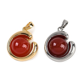 Natural Carnelian(Dyed & Heated) Pendants, Brass Half Round Charms