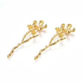 Electroplated Alloy Rhinestone Settings, Branch with Flower, Real 18K Gold Plated