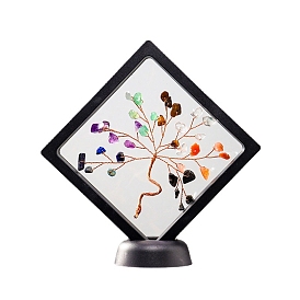 Natural Gemstone Chips Photo Frame Stand, Home Display Decorations, with Rose Gold Plated Brass Wire, Rhombus with Tree