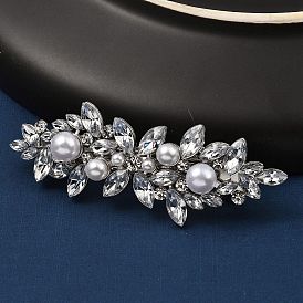 Tibetan Style Alloy Rhinestone Hair Barrettes, with Plastic Imitation Pearl Beads, Leaf