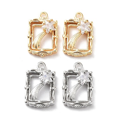 Rack Plating Brass Micro Pave Cubic Zirconia Pendants, Cadmium Free & Nickel Free & Lead Free, Rectangle with Star