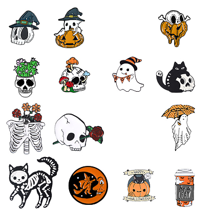 Halloween Ghost Skull Cat Enamel Pin, Electrophoresis Black Alloy Brooch for Backpack Clothes
