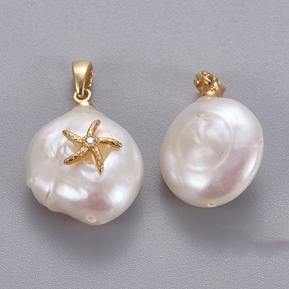 Natural Cultured Freshwater Pearl Pendants, with Brass Micro Pave Cubic Zirconia Findings, Nuggets with Starfish/Sea Stars, Long-Lasting Plated, Golden