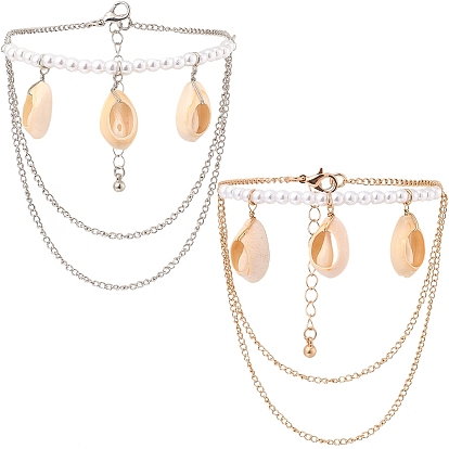 2шт. 2 Браслеты с подвесками из натуральных ракушек разных цветов, браслеты из пластиковых жемчужин для женщин, с многослойной кабельной цепью из сплава