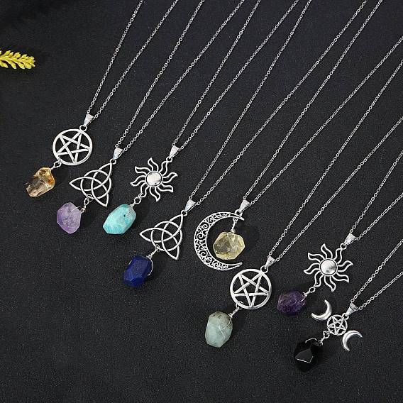 Ожерелья с подвесками «Наггетс» из натуральных драгоценных камней, с кабельным цепи, солнце/луна/звезда/трикетра