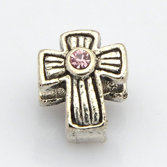 Cross Antique Silver Tone Alloy Rhinestone Beads, Large Hole Beads, 11x9x8mm, Hole: 4mm