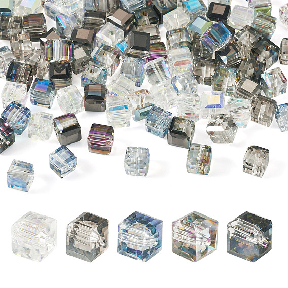 100Pcs 5 Colors Electroplated Glass Beads, Cube, Faceted, Mixed Styles