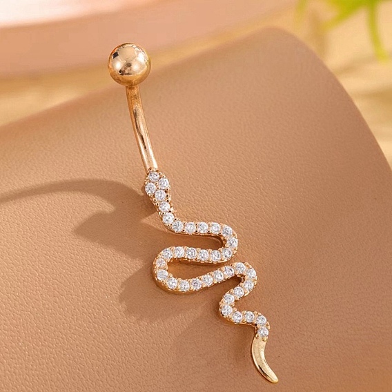 Кольца для живота с изогнутой штангой из змеиной латуни с микропаве из прозрачного кубического циркония
