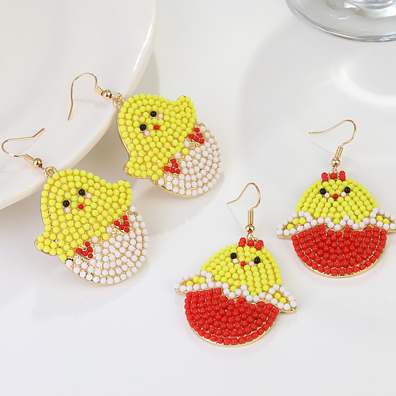 Пасхальные серьги-подвески в виде цыплят из цинкового сплава и стекла., золотые