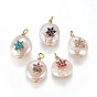Natural Cultured Freshwater Pearl Pendants, with Cubic Zirconia and Brass Findings, Flat Round with Flower