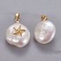 Natural Cultured Freshwater Pearl Pendants, with Brass Micro Pave Cubic Zirconia Findings, Nuggets with Starfish/Sea Stars, Long-Lasting Plated, Golden