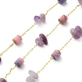 Éclats d'améthyste naturelle et chaînes de perles en colonne, avec les accessoires en laiton, soudé, avec bobine