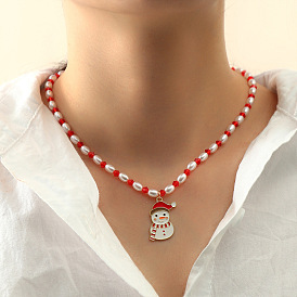 Sparkling Pearl Crystal Necklace for Women - Festive Snowman & Christmas Tree Pendant