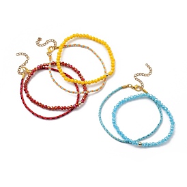 Bracelets de perles en verre extensible et ensembles de bracelets en cordon tressé en coton, avec des perles en laiton et des fermoirs à pince de homard en alliage de zinc, or