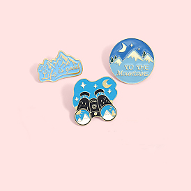 Spring Theme Alloy Brooches, Enamel Travel Lapel Pin, for Backpack Clothes, Golden, Mountain/Telescope