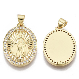 Brass Micro Pave Cubic Zirconia Pendants, for Mother's Day, with Brass Snap on Bails, Oval with Virgin Mary, Real 18K Gold Plated