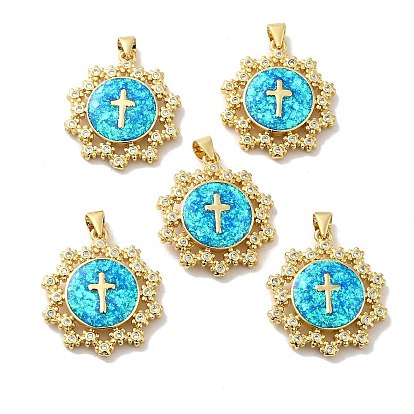 Rack Plating Brass Micro Pave Cubic Zirconia with Synthetic Opal Pendants, with Jump Ring, Lead Free & Cadmium Free, Long-Lasting Plated, Flat Round with Cross