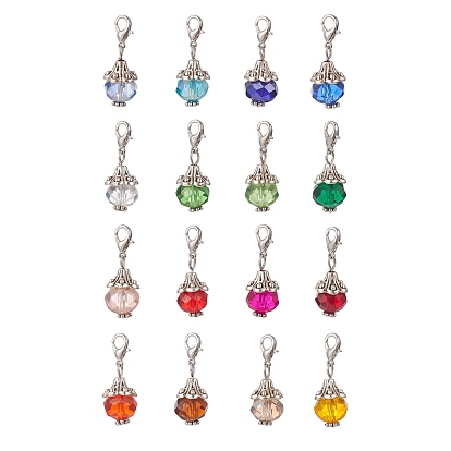 16Pcs Faceted Rondelle Glass Pendants Decorations, with Zinc Alloy Lobster Clasps Charm, for Keychain, Purse, Backpack Ornament