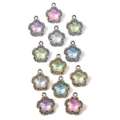 UV Plating Alloy Glass Pendants, Flower Charm, with Rhinestone, Faceted, Mixed Color