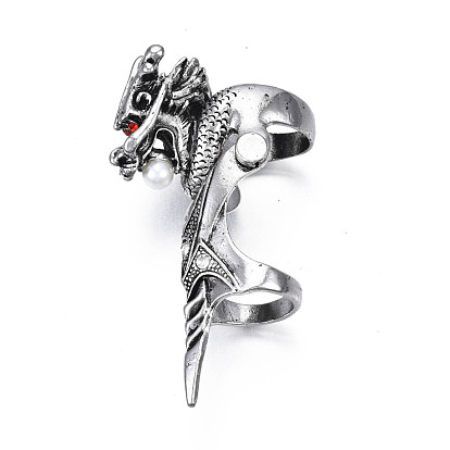Dragon Armour Alloy Full Finger Ring with Rhinestone, Double Loop Gothic Punk Ring with Plastic Pearl for Men Women, Cadmium Free & Lead Free, Antique Silver