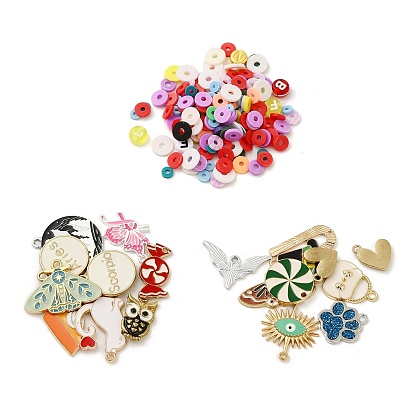 100G Handmade Polymer Clay Disc Bead, with 10Pcs Alloy Enamel Pendant, for DIY Finding