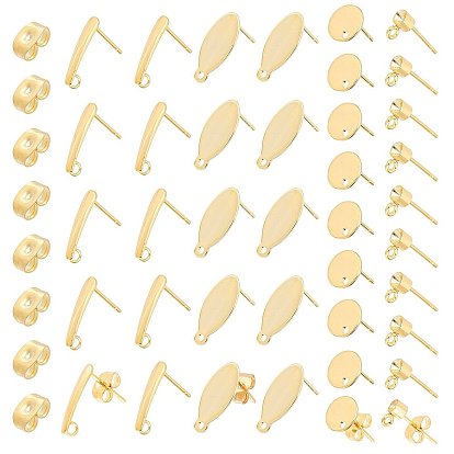 32Pcs 4 Styles Oval & Flat Round 304 Stainless Steel Stud Earring Findings, with Ear Nuts, Earring Backs