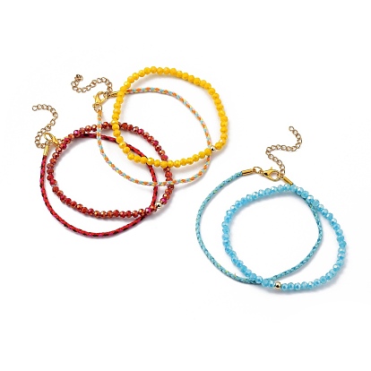 Bracelets de perles en verre extensible et ensembles de bracelets en cordon tressé en coton, avec des perles en laiton et des fermoirs à pince de homard en alliage de zinc, or
