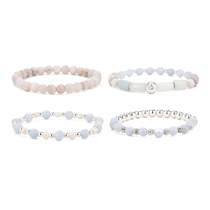 4 pcs 4 style mélange de pierres précieuses naturelles et synthétiques et 304 ensemble de bracelets extensibles en perles d'acier inoxydable pour femmes