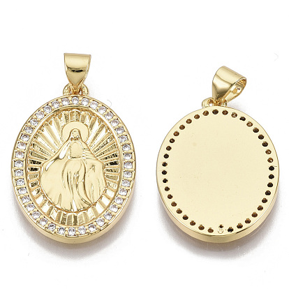 Brass Micro Pave Cubic Zirconia Pendants, for Mother's Day, with Brass Snap on Bails, Oval with Virgin Mary, Real 18K Gold Plated