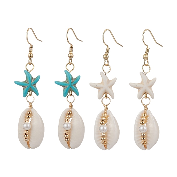 Серьги-подвески из синтетических бирюзовых бусин в форме ракушки, с натуральными смешанными бусинами из ракушек каури и 304 крючками для сережек из нержавеющей стали и 304 штифтами для петель из нержавеющей стали, золотые