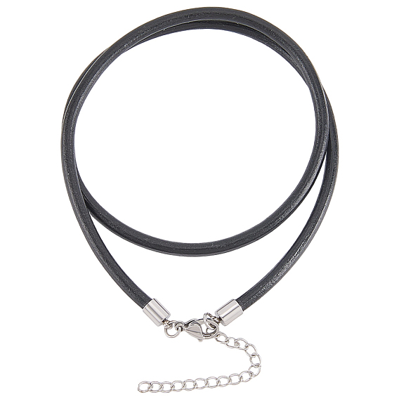 10Pcs Round Leather Cord Necklaces Making, with 304 Stainless Steel Lobster Claw Clasps and Extender Chains, Stainless Steel Color