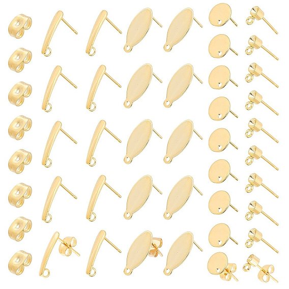 32Pcs 4 Styles Oval & Flat Round 304 Stainless Steel Stud Earring Findings, with Ear Nuts, Earring Backs