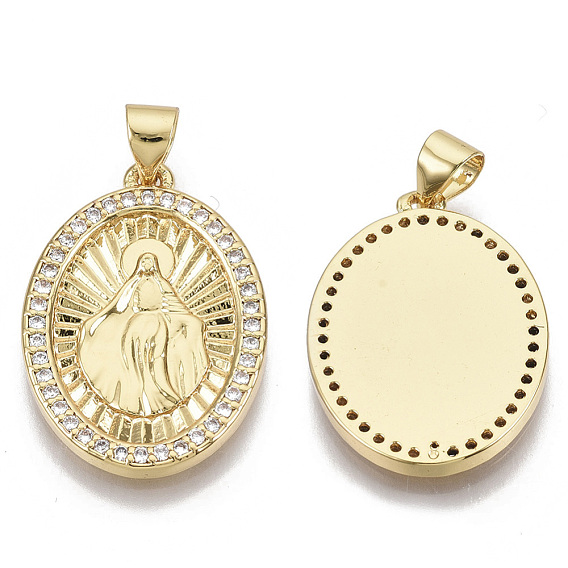 Brass Micro Pave Cubic Zirconia Pendants, for Mother's Day, with Brass Snap on Bails, Oval with Virgin Mary, Golden