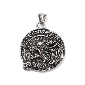304 Stainless Steel Pendants, Flat Round with Wolf & Helm of Awe