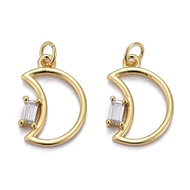 Brass Micro Pave Clear Cubic Zirconia Pendants, with Jump Rings, Long-Lasting Plated, Moon