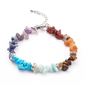 Chakra Chips Natural & Synthetic Gemstone Beaded Bracelets, Antique Silver & Platinum