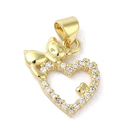 Rack Plating Brass Micro Pave Cubic Zirconia Pendants, Heart with Bear, Long-Lasting Plated, Cadmium Free & Lead Free
