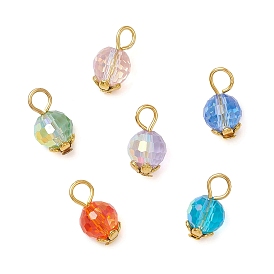 Transparent Electroplate Glass Charms, Round, with Iron Loops, Faceted