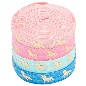 Gorgecraft 20 Yards 4 Colors Polyester Elastic Ribbon, Flat with Gold Horse Pattern, for Gift Decoration, Garment Accessories