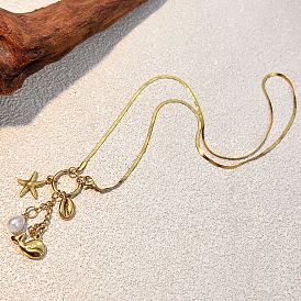 Пляж 304 ожерелья из нержавеющей стали с подвесками в виде морских звезд и китов, с абс пластмассовой имитационной жемчужиной, белые